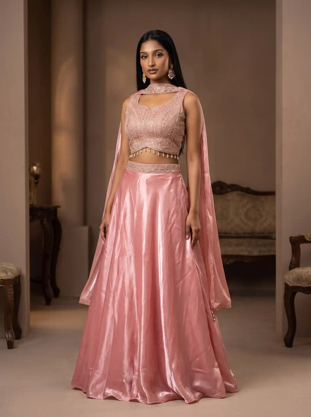 Rose Pink Fully Stitched Zari Stone Embroidered Lehenga Set