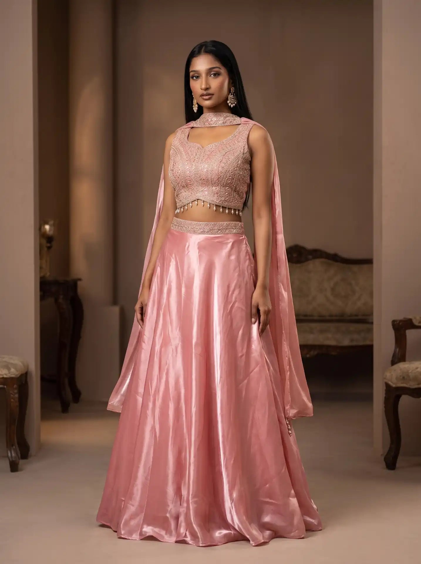 Rose Pink Fully Stitched Zari Stone Embroidered Lehenga Set