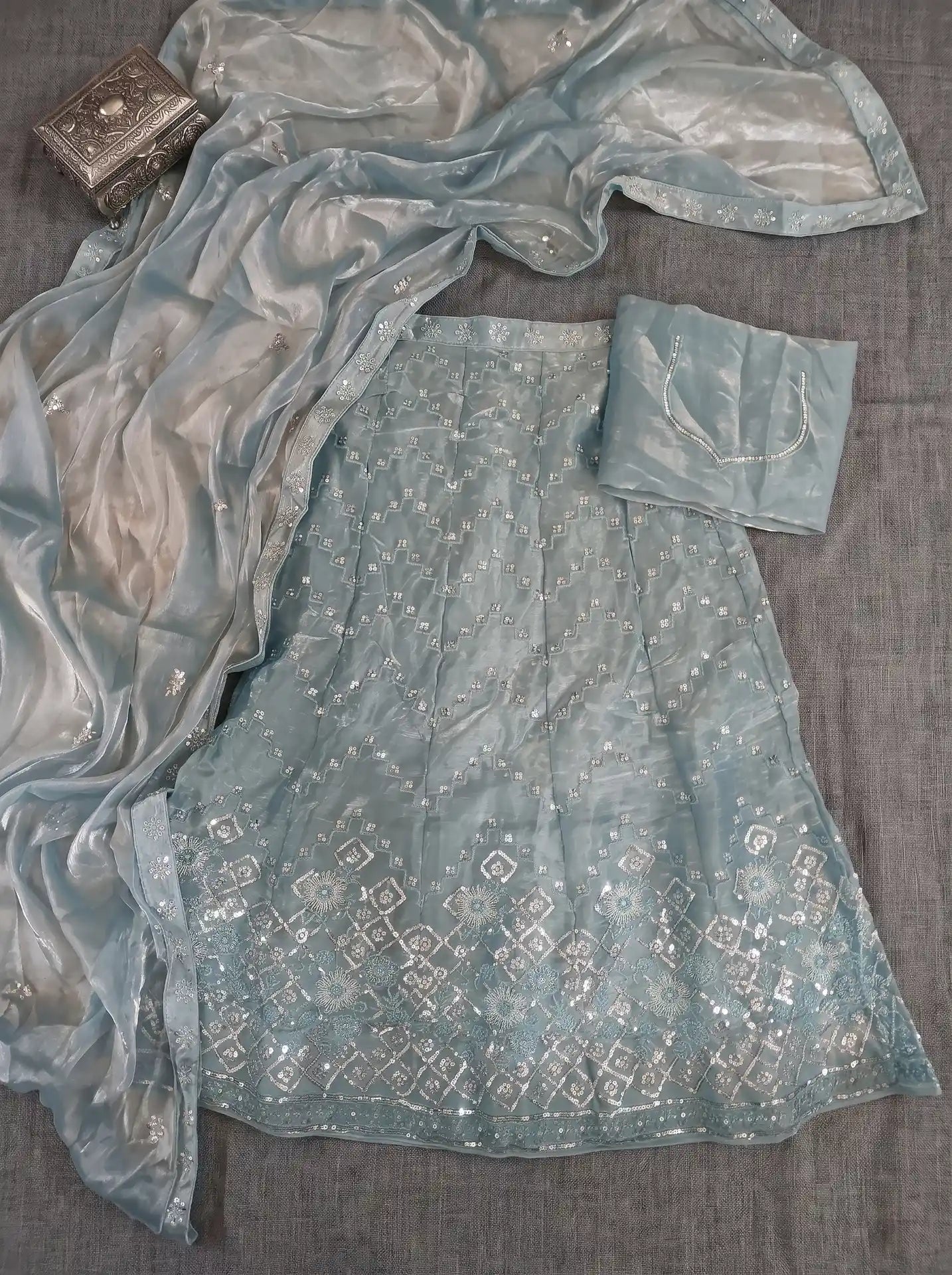 Ice Blue Semi-Stitched Floral Sequin Embroidered Lehenga Set