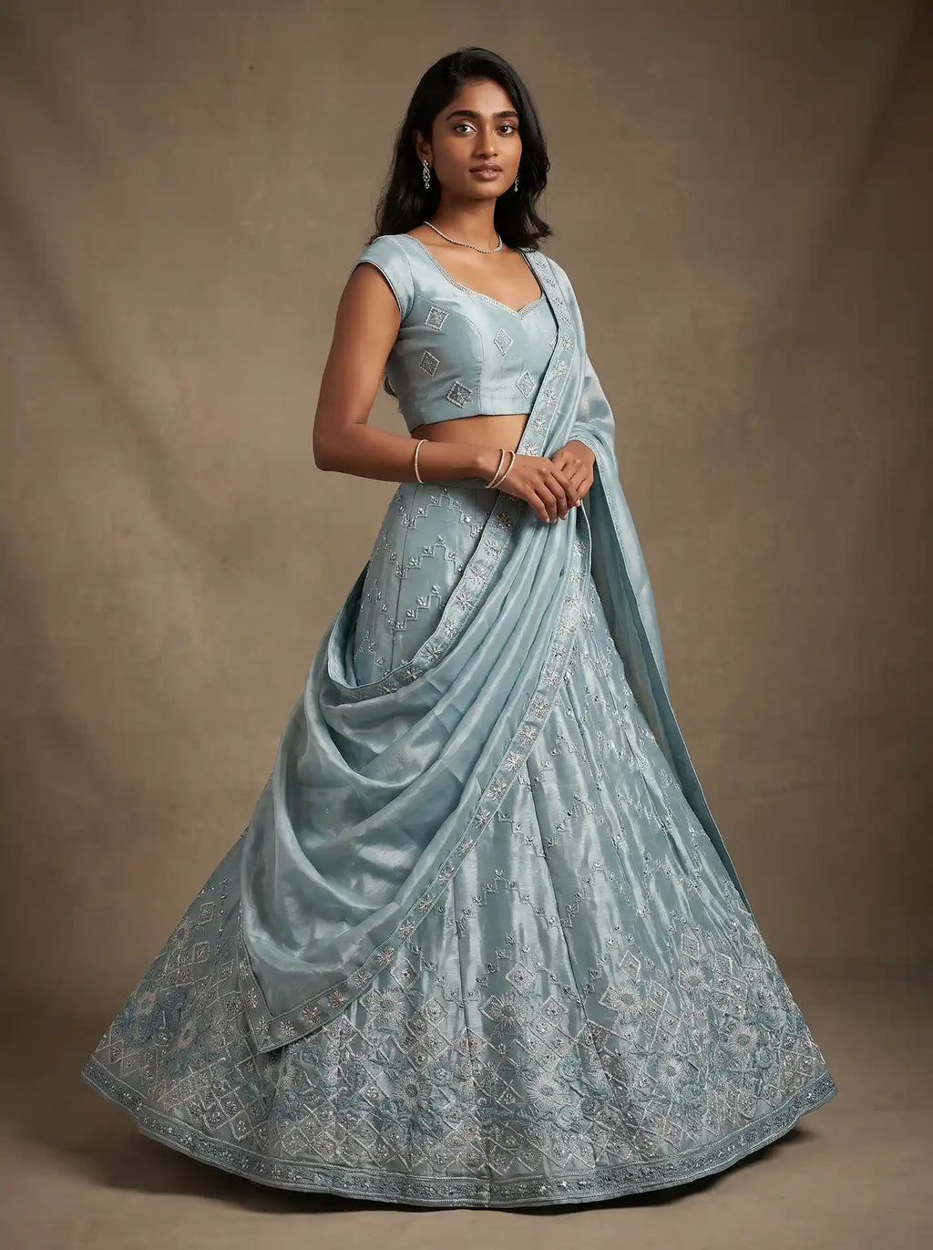 Ice Blue Semi-Stitched Floral Sequin Embroidered Lehenga Set