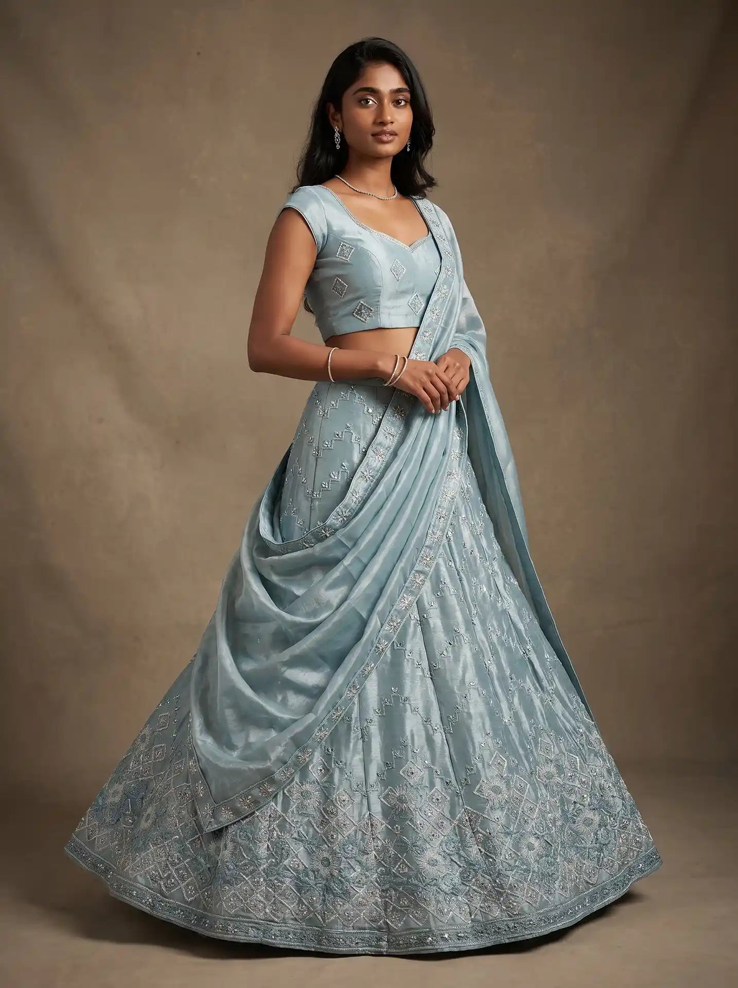 Ice Blue Semi-Stitched Floral Sequin Embroidered Lehenga Set