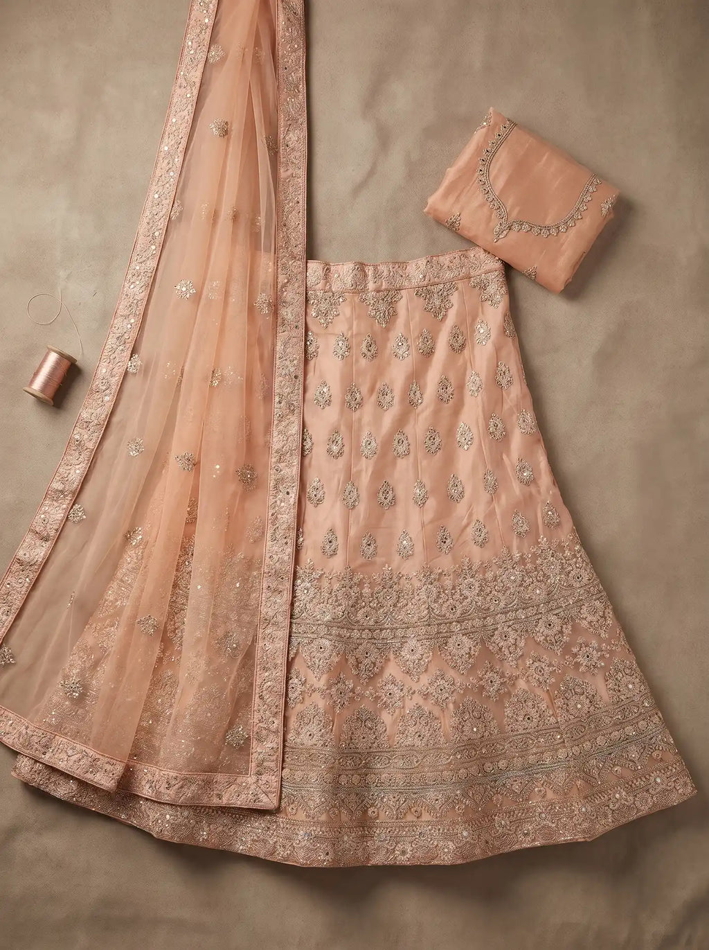 Bridal Soft Peach Semi-Stitched Floral Sequin Embroidered Lehenga Set