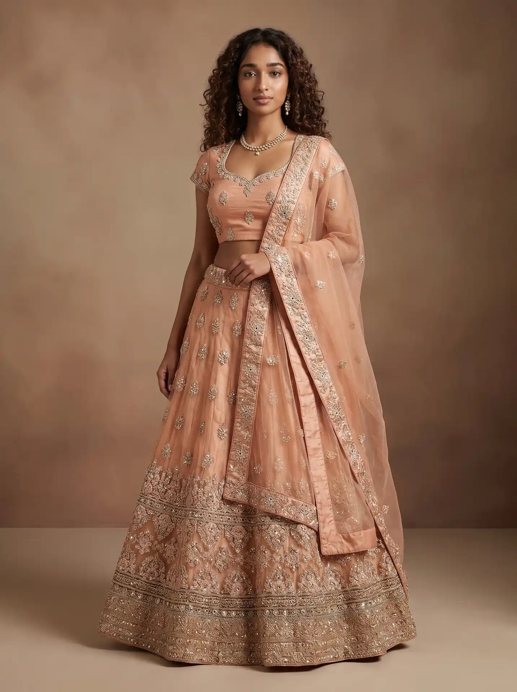 Bridal Soft Peach Semi-Stitched Floral Sequin Embroidered Lehenga Set