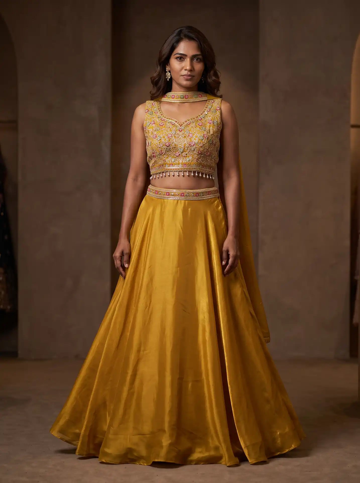 Mustard Gold Fully Stitched Sweetheart Neck Sequin Stone Embroidered Lehenga Set