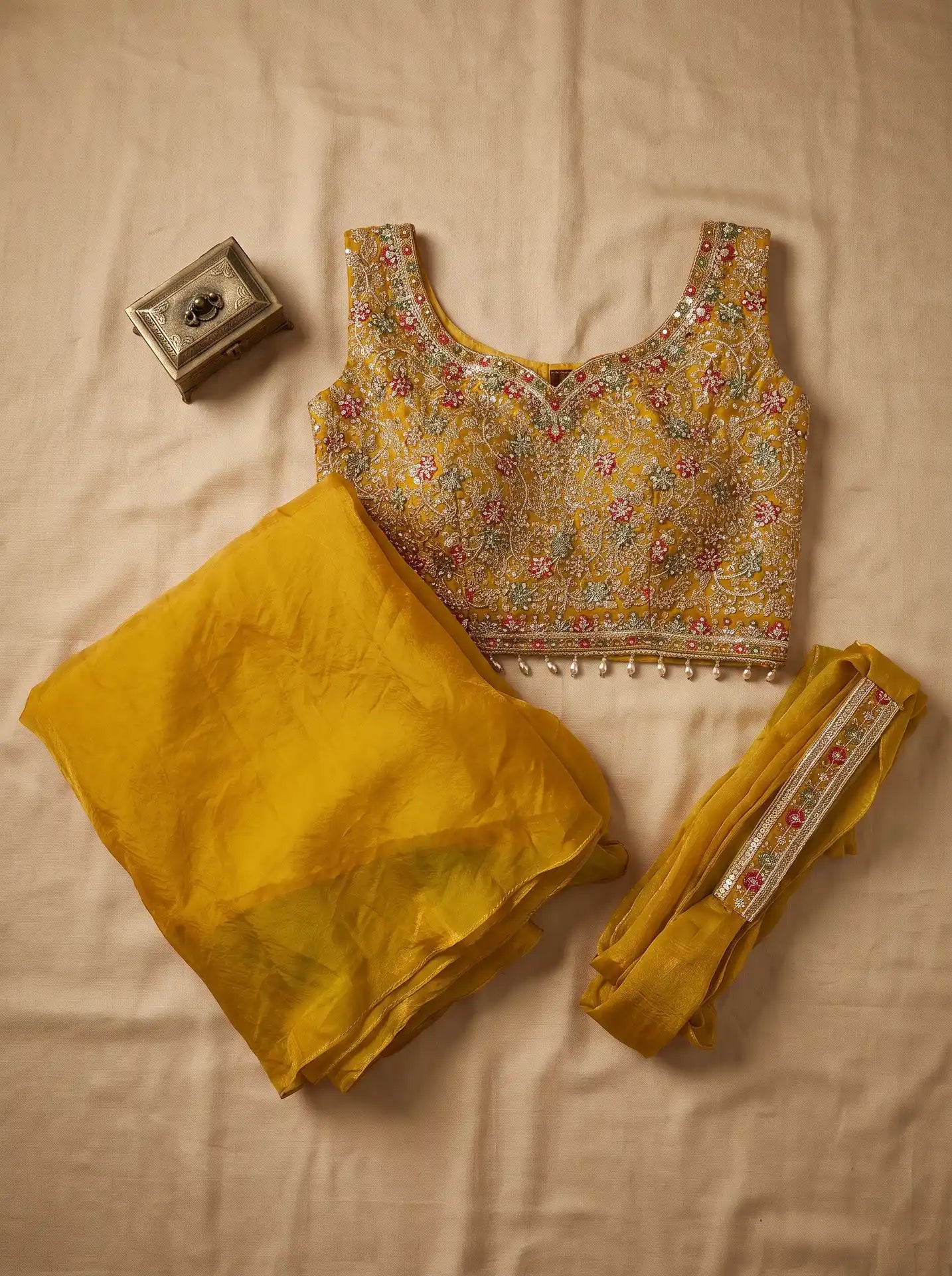 Mustard Gold Fully Stitched Sweetheart Neck Sequin Stone Embroidered Lehenga Set
