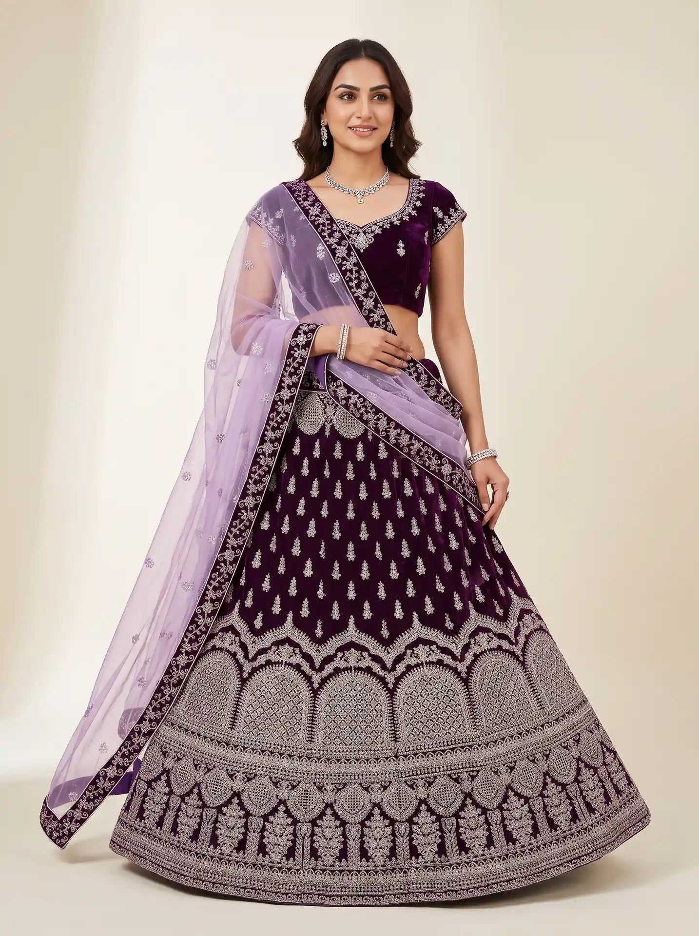 Deep Plum Purple Semi-Stitched Velvet Embroidered Bridal Lehenga Set