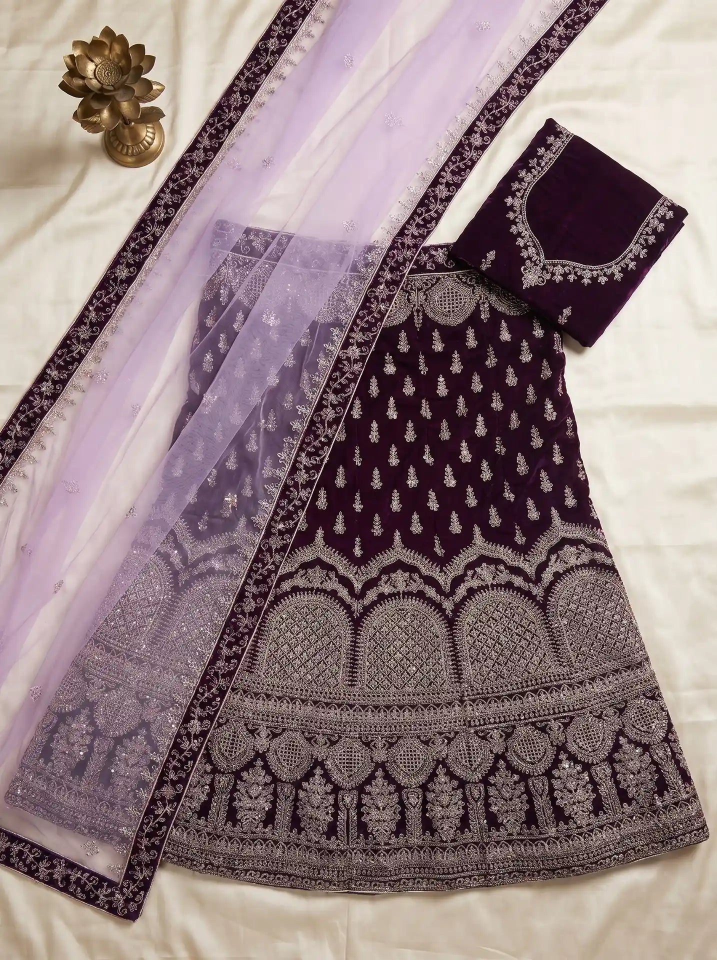 Deep Plum Purple Semi-Stitched Velvet Embroidered Bridal Lehenga Set