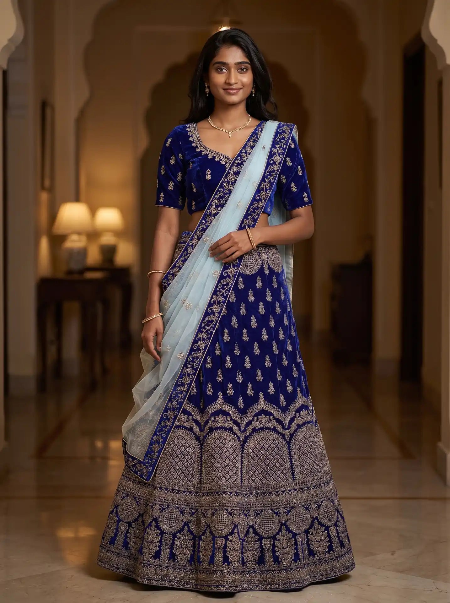Bridal Royal Blue Semi-Stitched Velvet Heavy Embroidered Lehenga Set