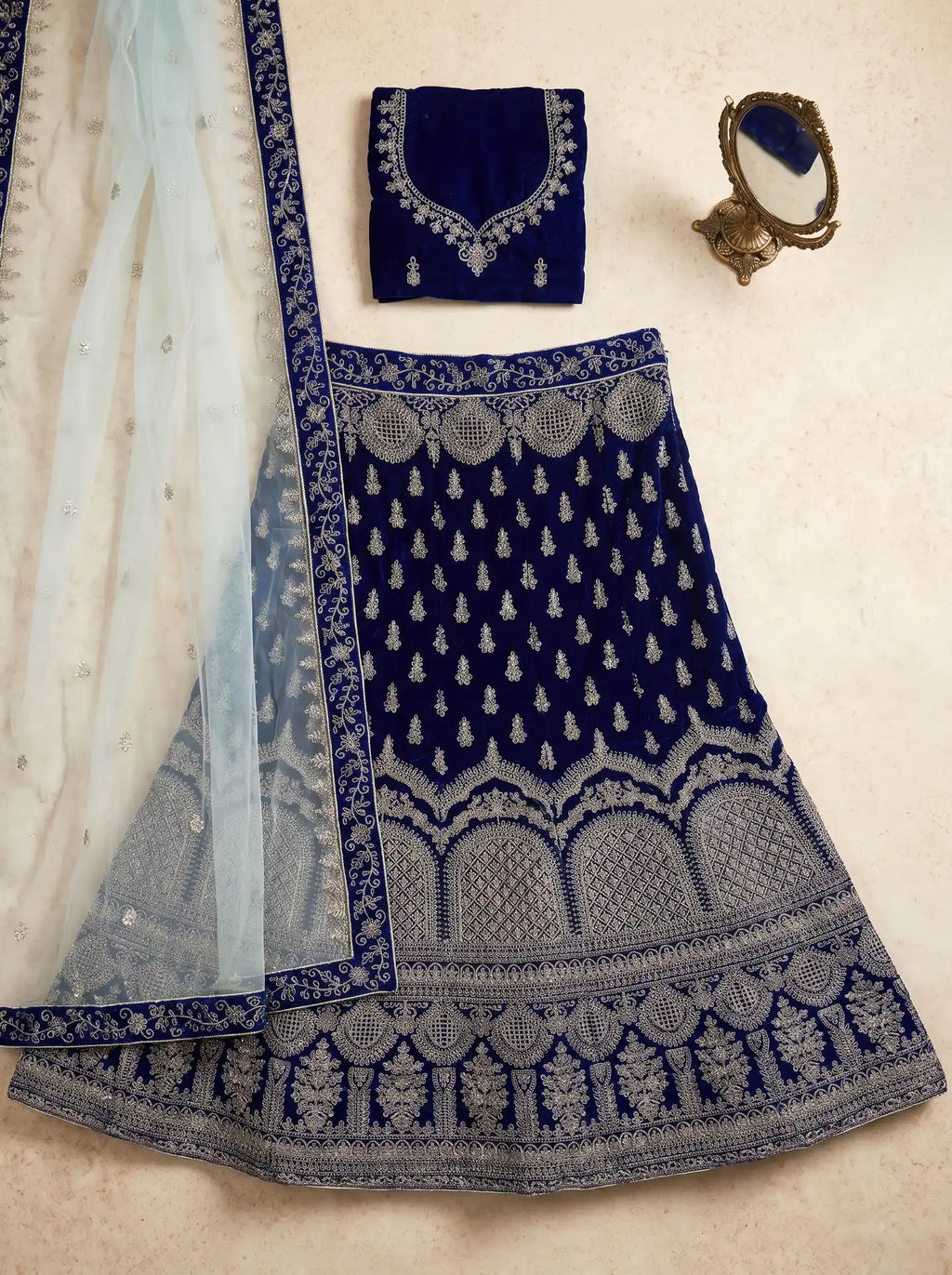 Bridal Royal Blue Semi-Stitched Velvet Heavy Embroidered Lehenga Set