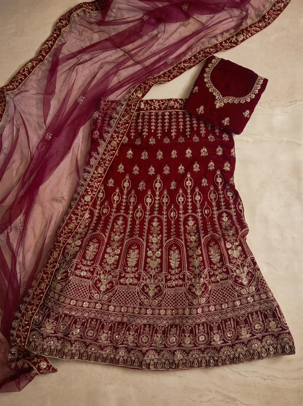 Bridal Deep Maroon Semi-Stitched Heavy Embroidered Lehenga Set