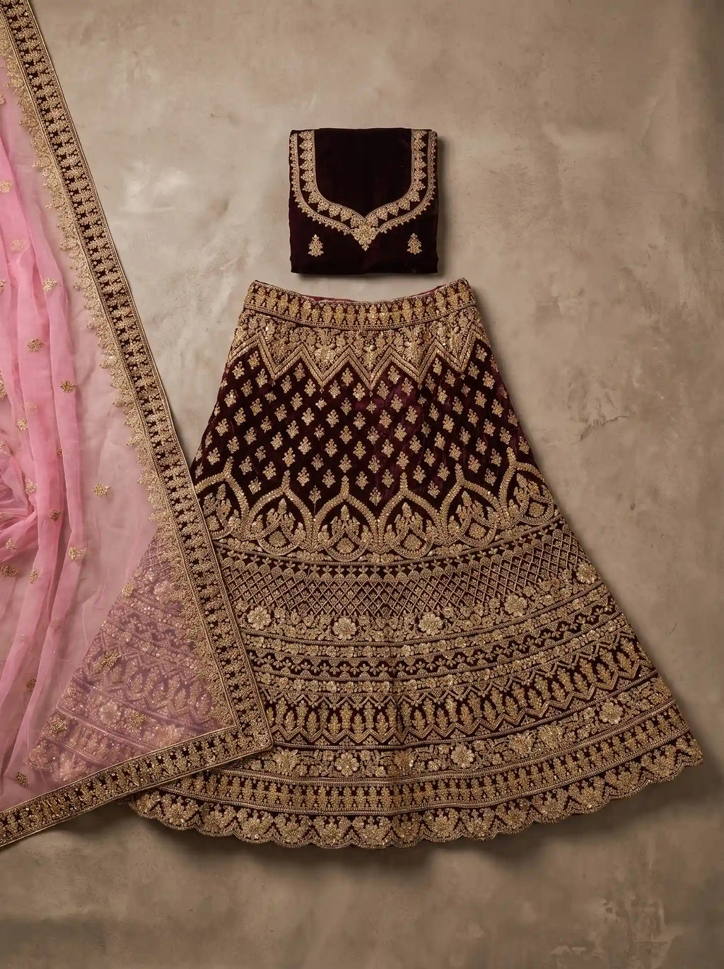 Bridal Deep Burgundy Velvet Heavy Gold Embroidered Semi-Stitched Lehenga Set