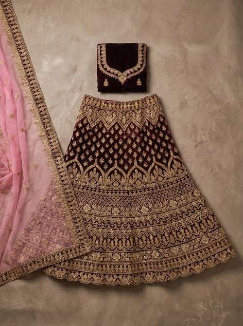 Bridal Deep Burgundy Velvet Heavy Gold Embroidered Semi-Stitched Lehenga Set