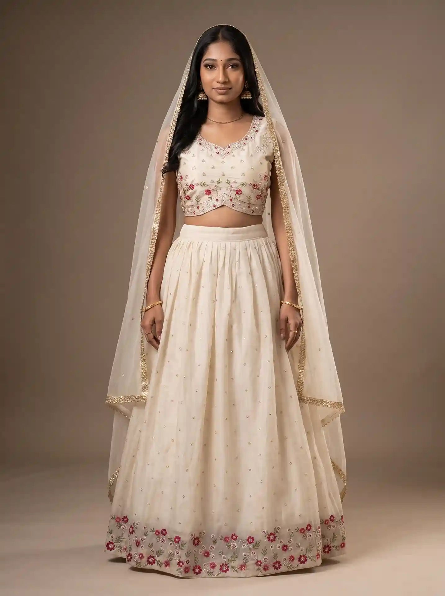 Ivory Ready to Wear Cotton Silk Floral Embroidered Lehenga Set