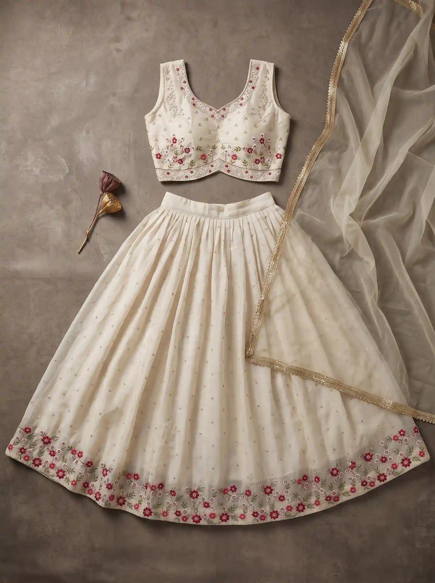 Ivory Ready to Wear Cotton Silk Floral Embroidered Lehenga Set