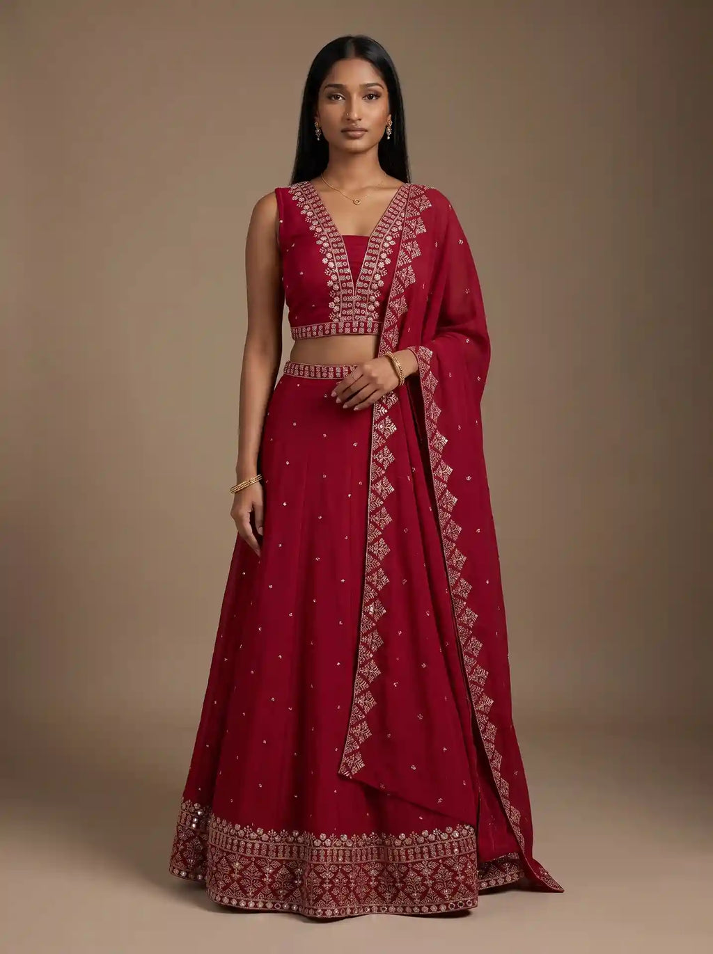 Crimson Red Ready to Wear Georgette Stone Embroidered Lehenga Set