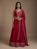 Crimson Red Ready to Wear Georgette Stone Embroidered Lehenga Set