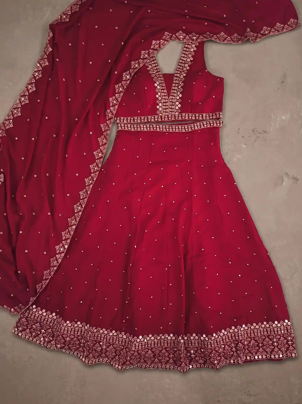 Crimson Red Ready to Wear Georgette Stone Embroidered Lehenga Set