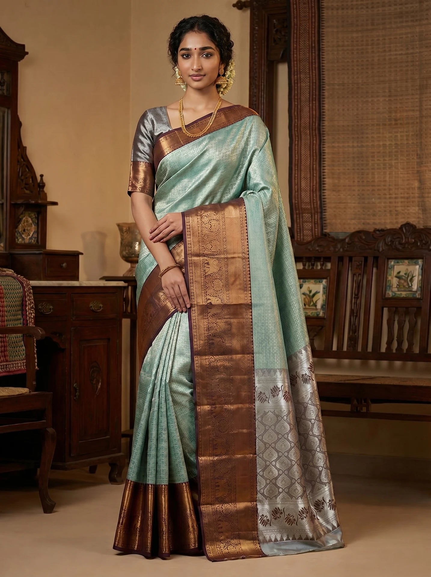 Light Blue Checked Bridal Semi Silk Saree