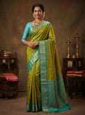 Olive Green & Teal Butta Kanchi Soft Silk Saree