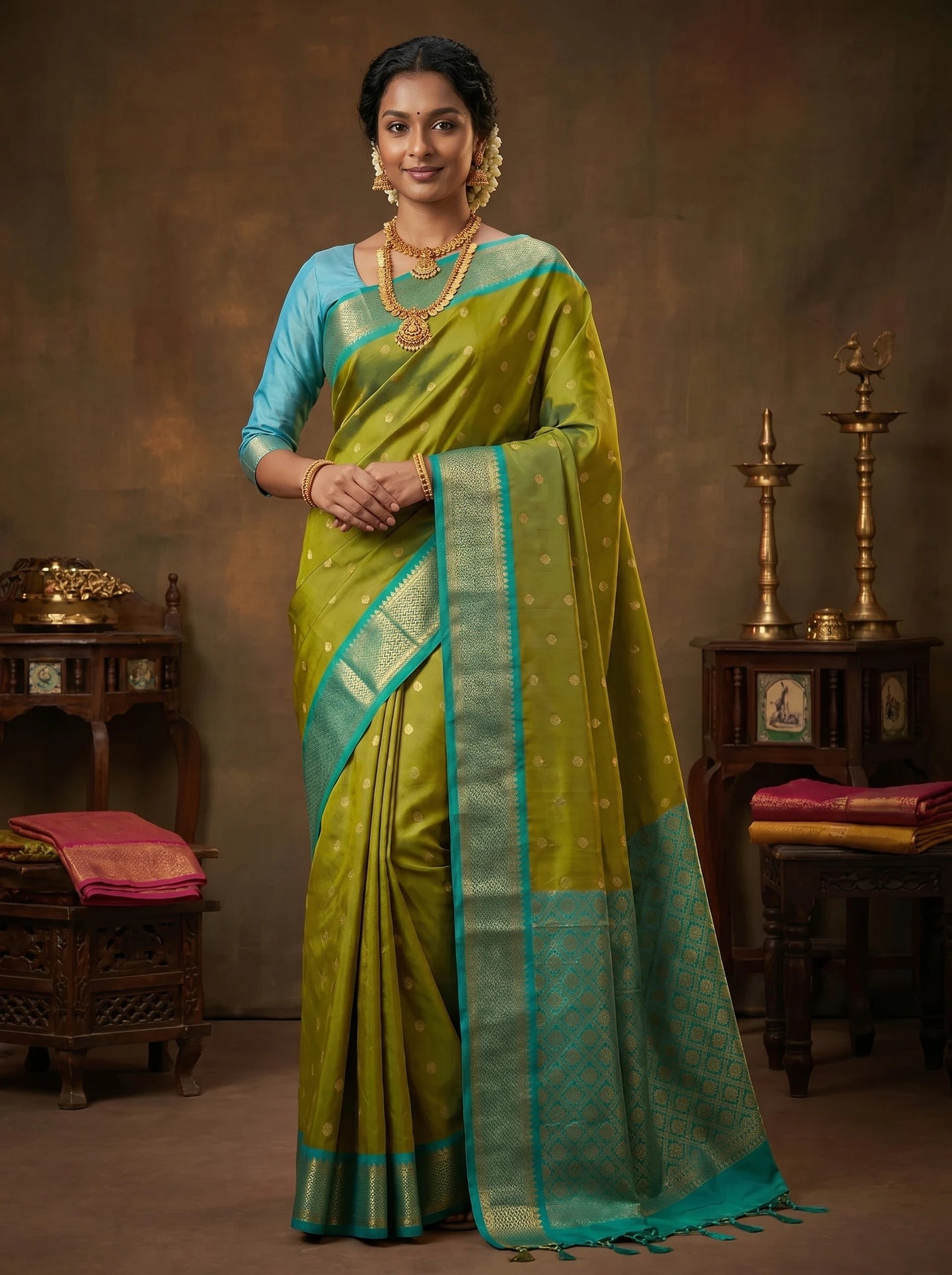 Olive Green & Teal Butta Kanchi Soft Silk Saree