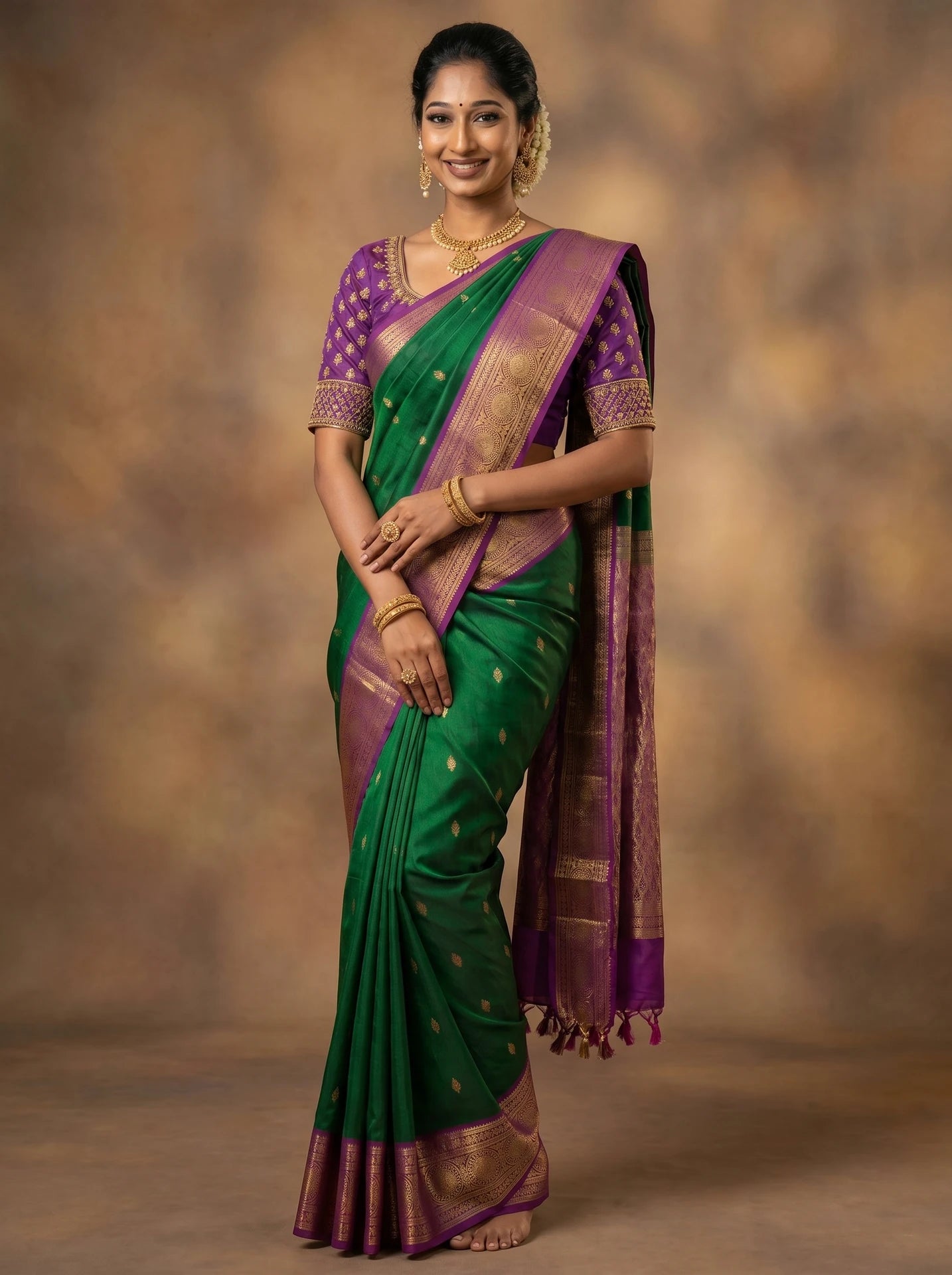 Emerald Green & Magenta Leaf Butta Kanchi Soft Silk Saree