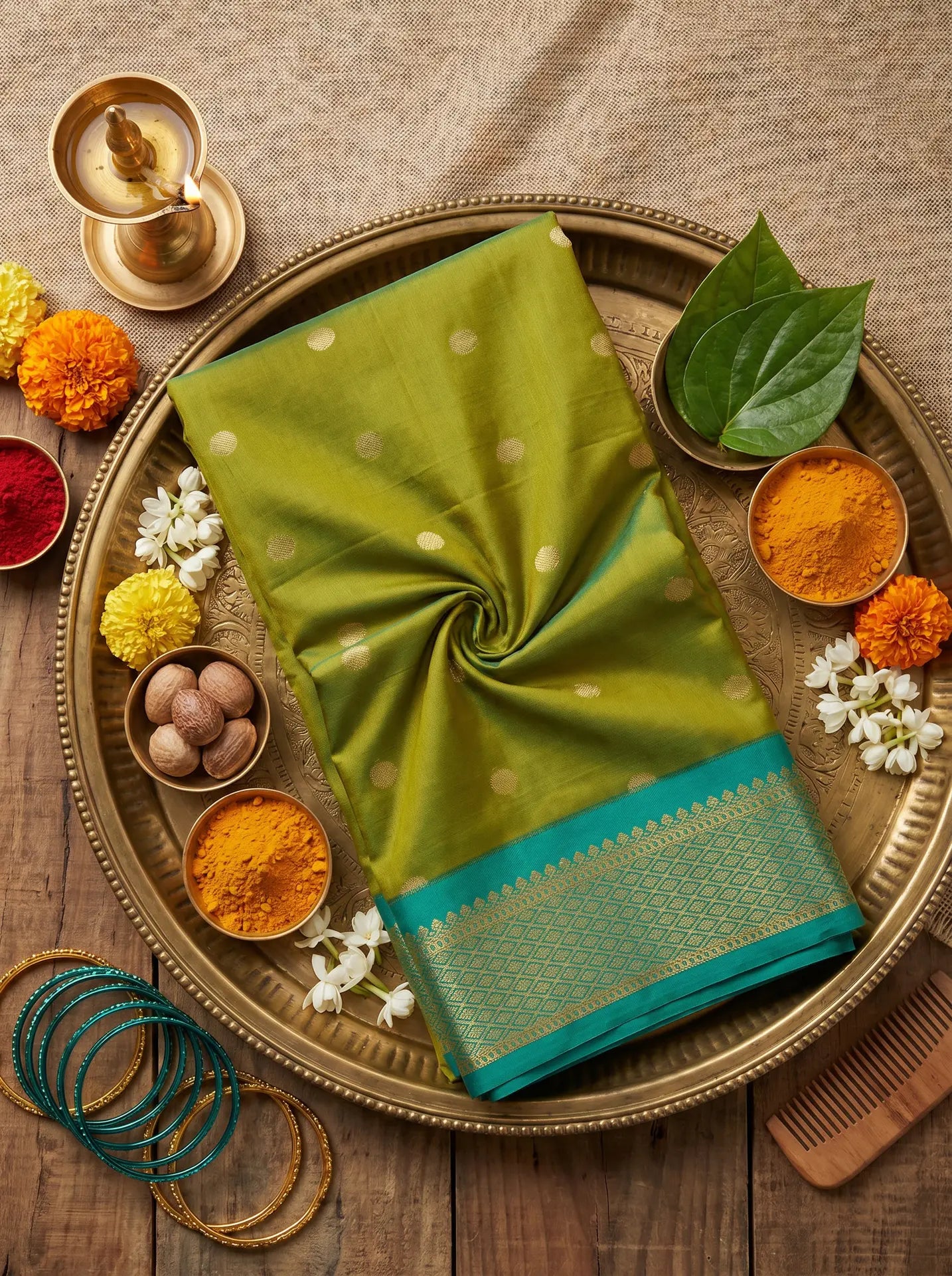 Olive Green & Teal Butta Kanchi Soft Silk Saree
