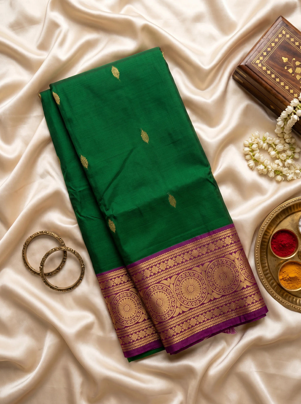 Emerald Green & Magenta Leaf Butta Kanchi Soft Silk Saree