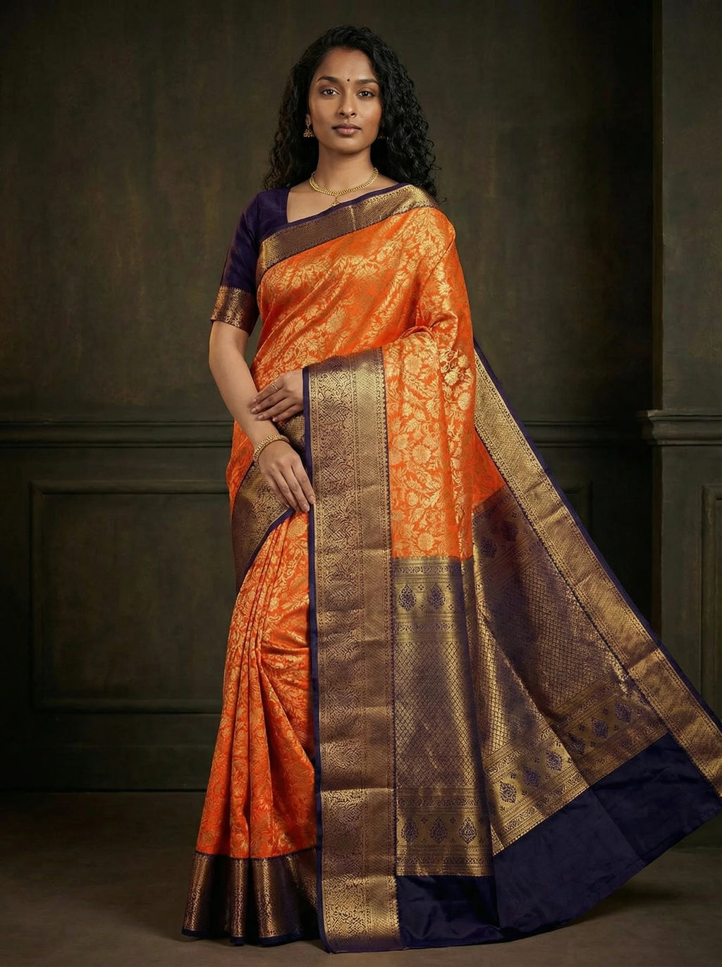 Vermilion Orange Floral Jaal Bridal Semi Silk Saree