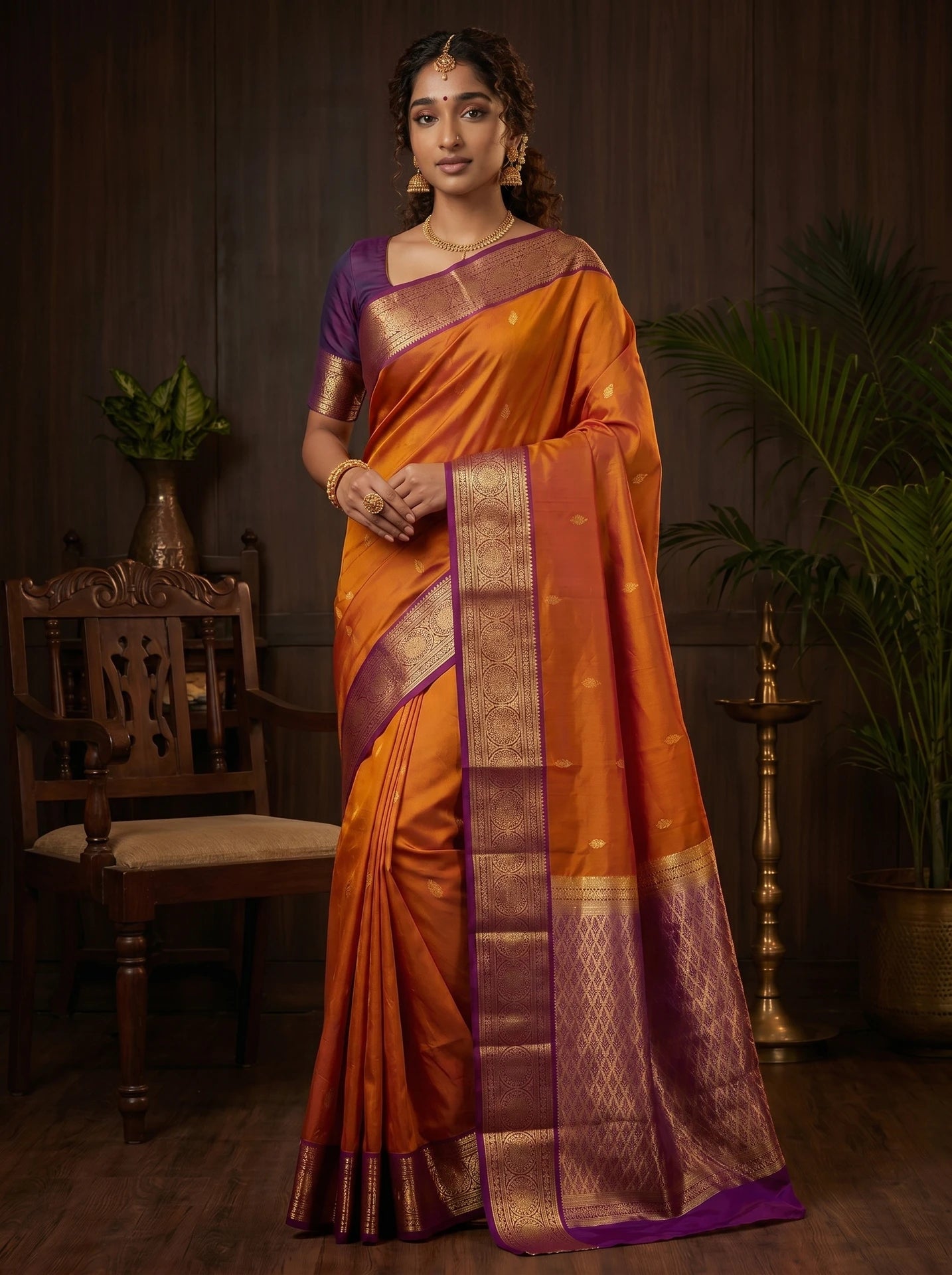 Burnt Orange Butta Kanchi Soft Silk Saree