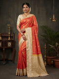 Coral Pink Paisley Butta Retta Pattai Kanchi Soft Silk Saree