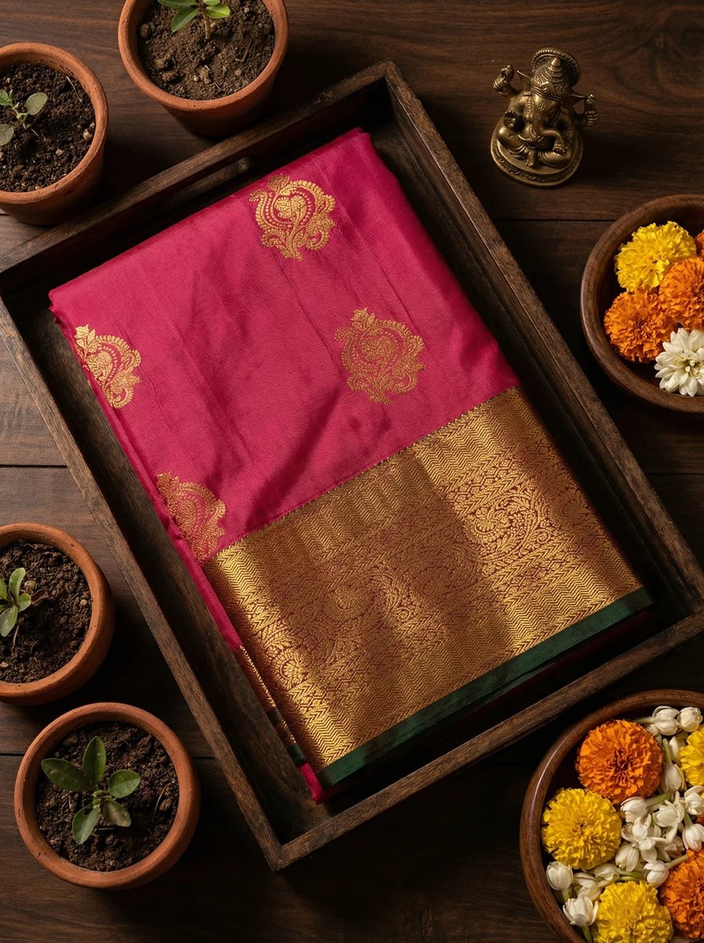 Rani Pink Bridal Semi Silk Saree