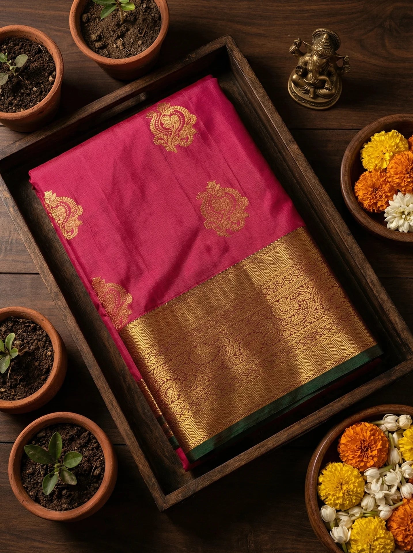 Rani Pink Bridal Semi Silk Saree