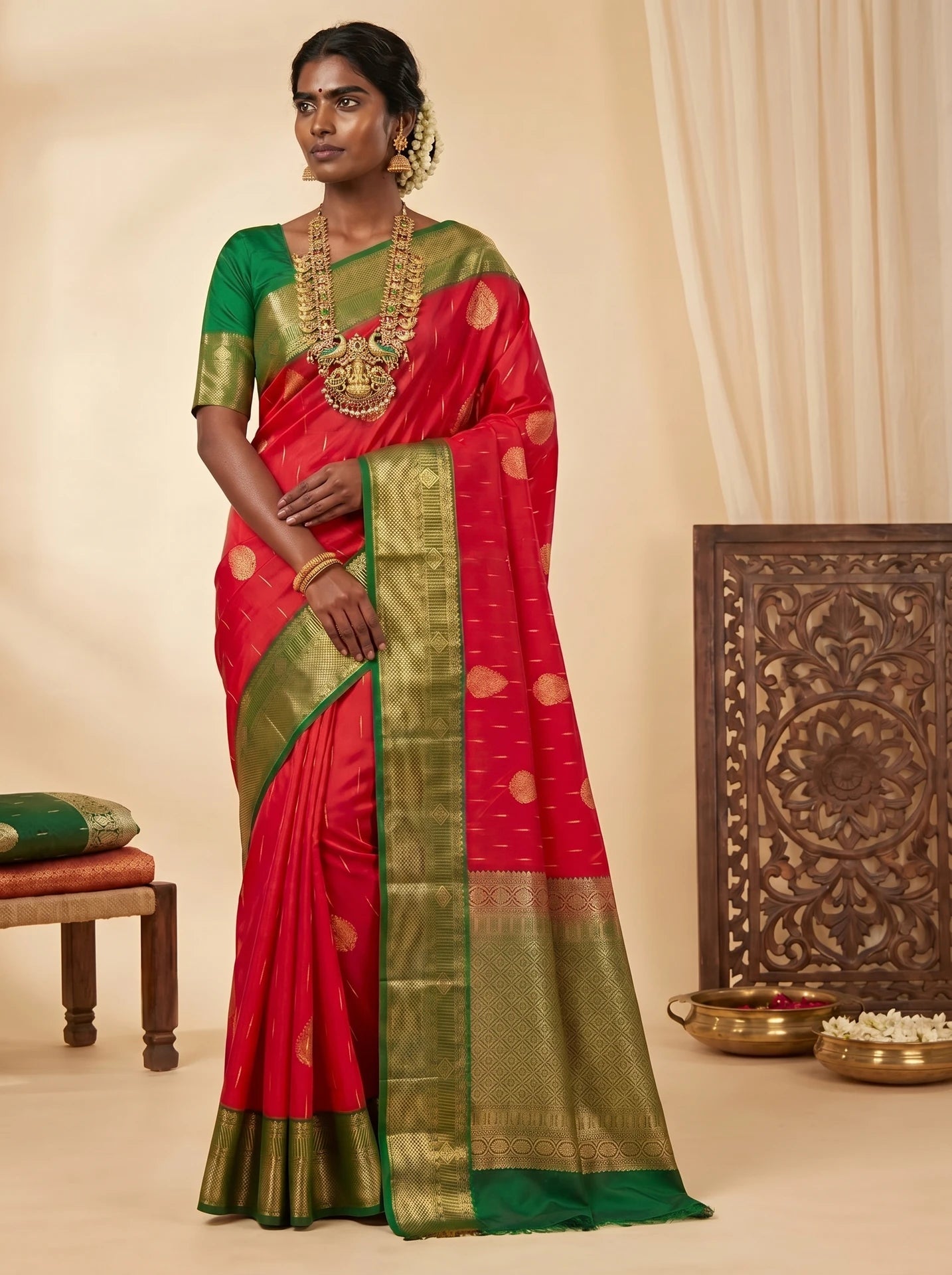 Fuchsia Pink & Bottle Green Paisley Butta Kanchi Soft Silk Saree