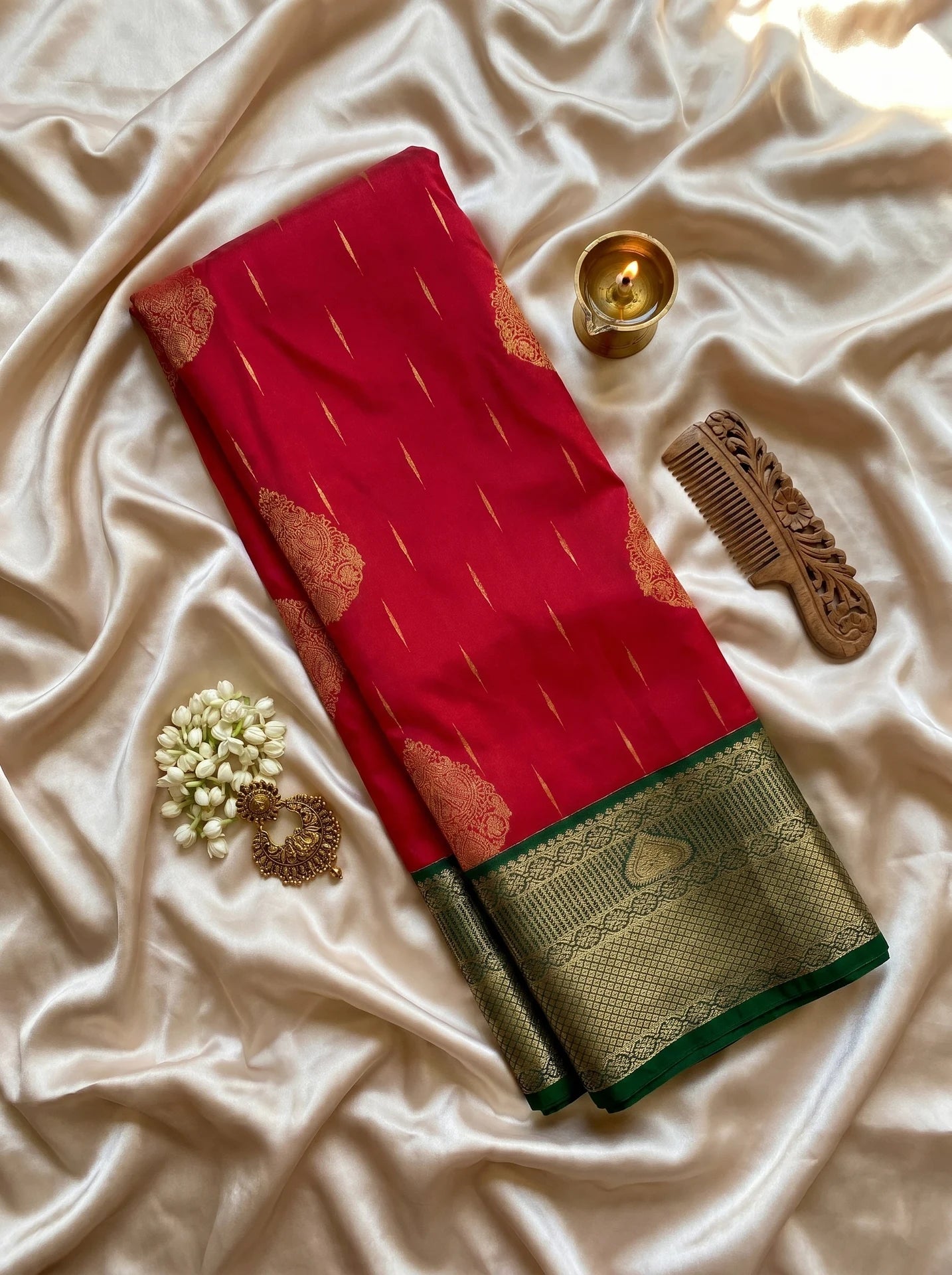 Fuchsia Pink & Bottle Green Paisley Butta Kanchi Soft Silk Saree