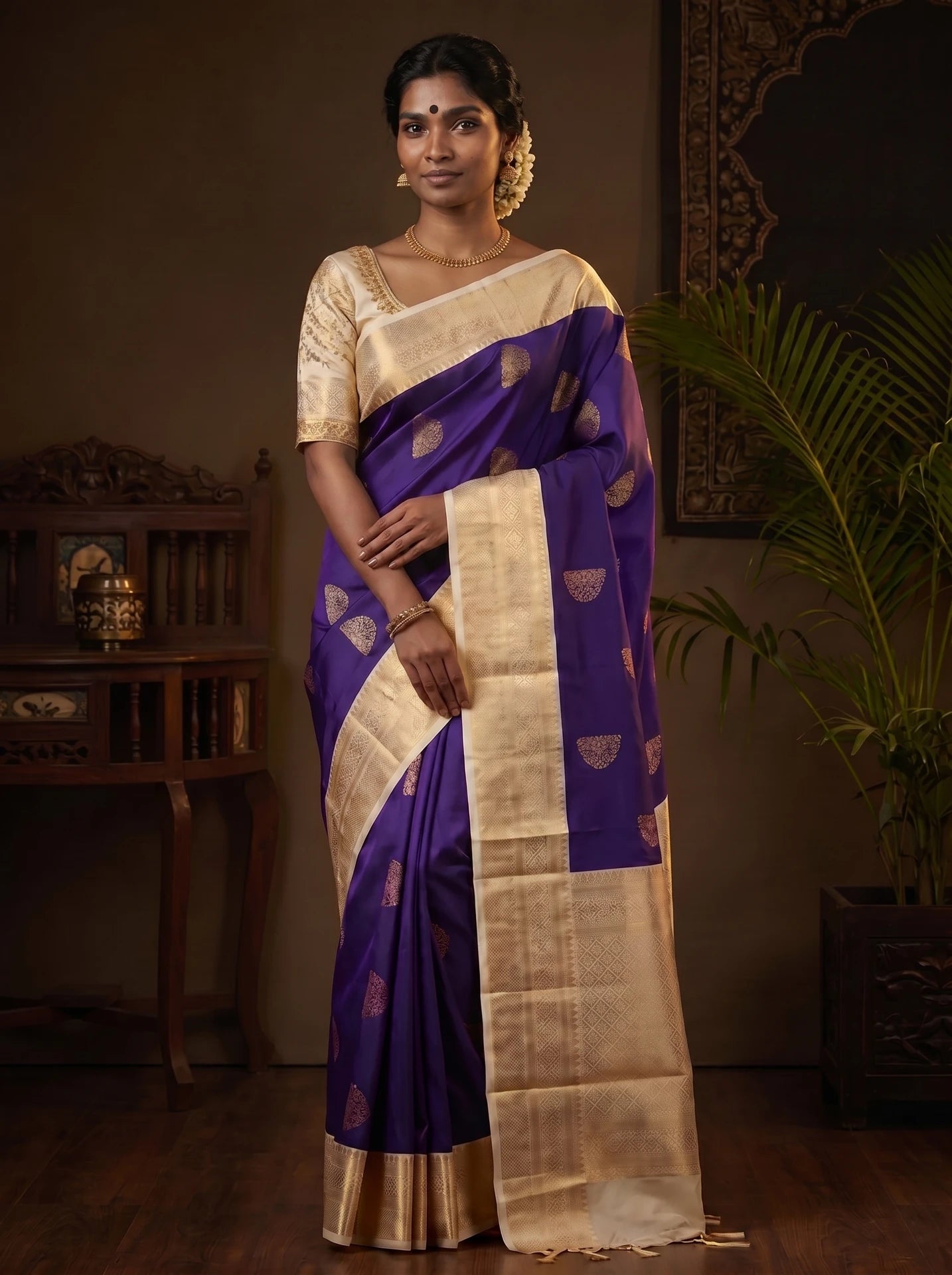 Royal Purple Peacock Motif kanchi Soft Silk Saree