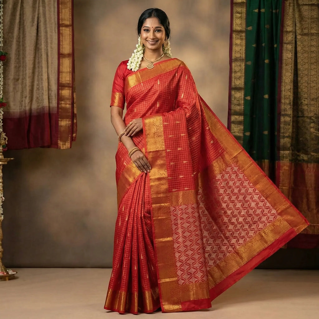 Reddish Orange Checked Kanchi Soft Silk Saree