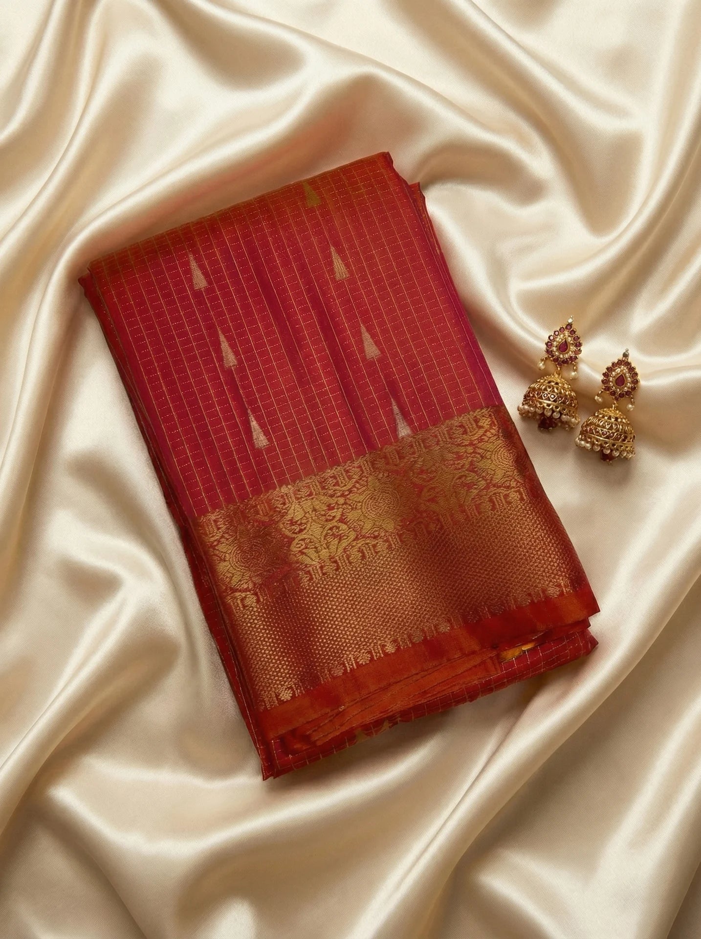 Reddish Orange Checked Kanchi Soft Silk Saree