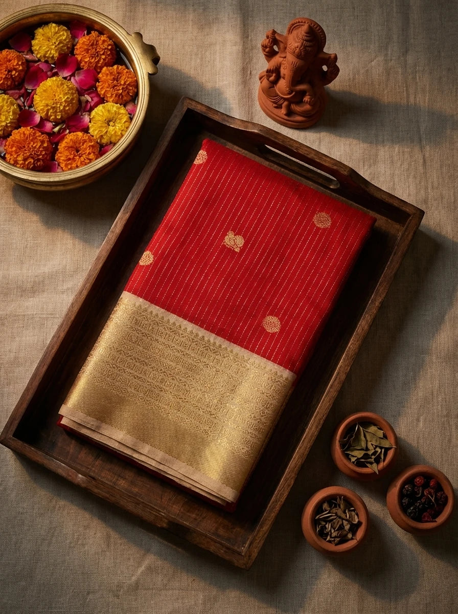 Ruby red Vaira Oosi Kanchi Soft Silk Saree