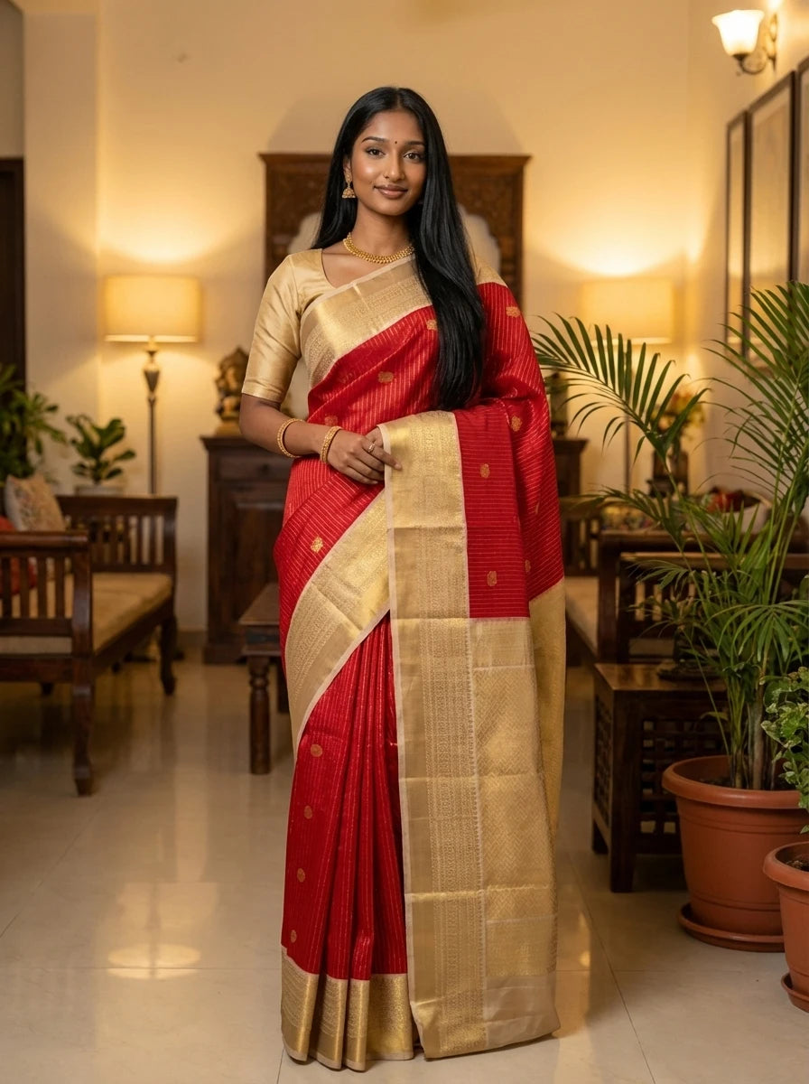 Ruby red Vaira Oosi Kanchi Soft Silk Saree