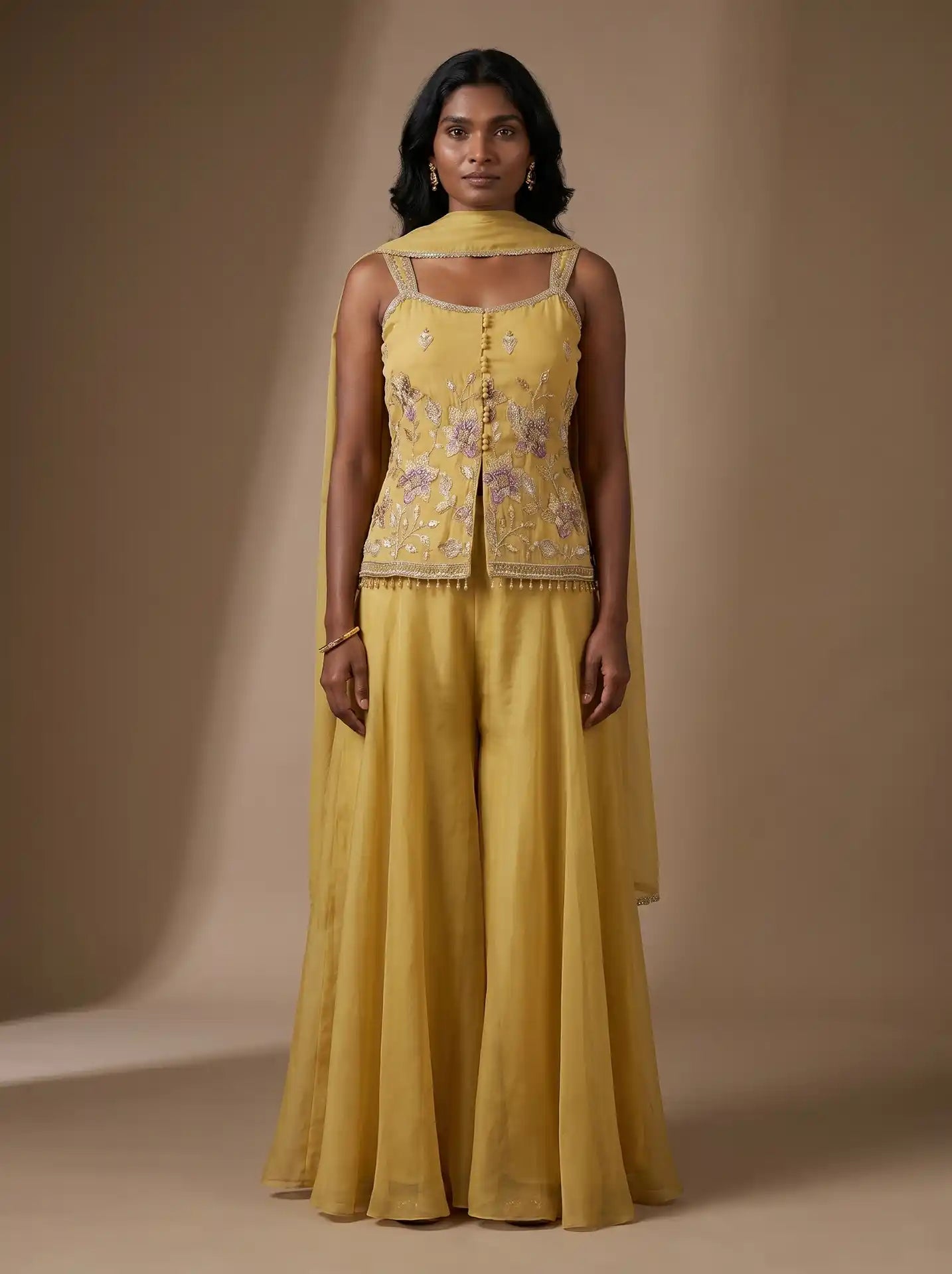 Pastel Yellow Ready to Wear Silk Cotton Embroidered 3 Piece Sharara Set