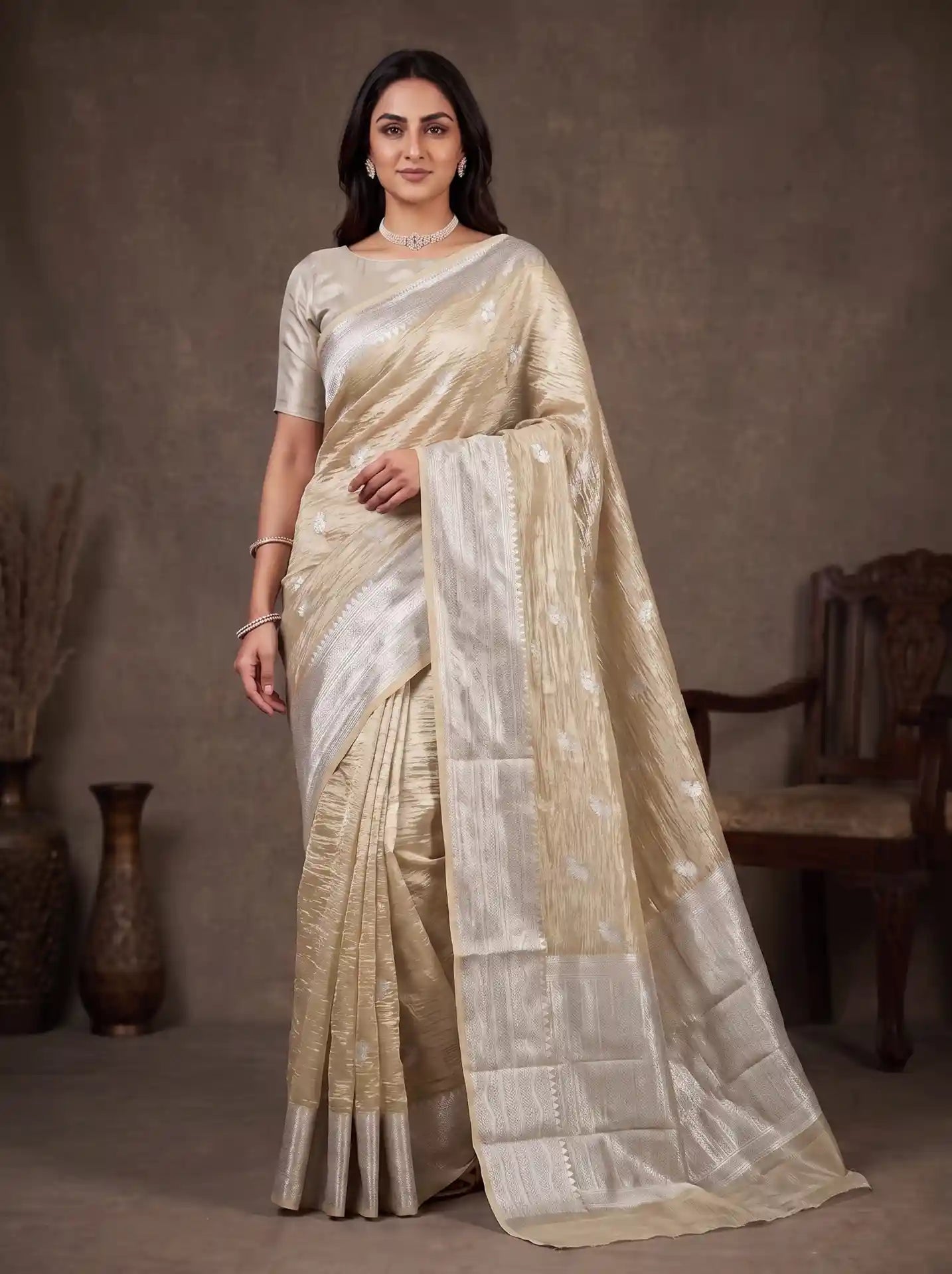 Ivory Gold Crushed Tissue Silk Saree with Matching Champagne Silver Blouse