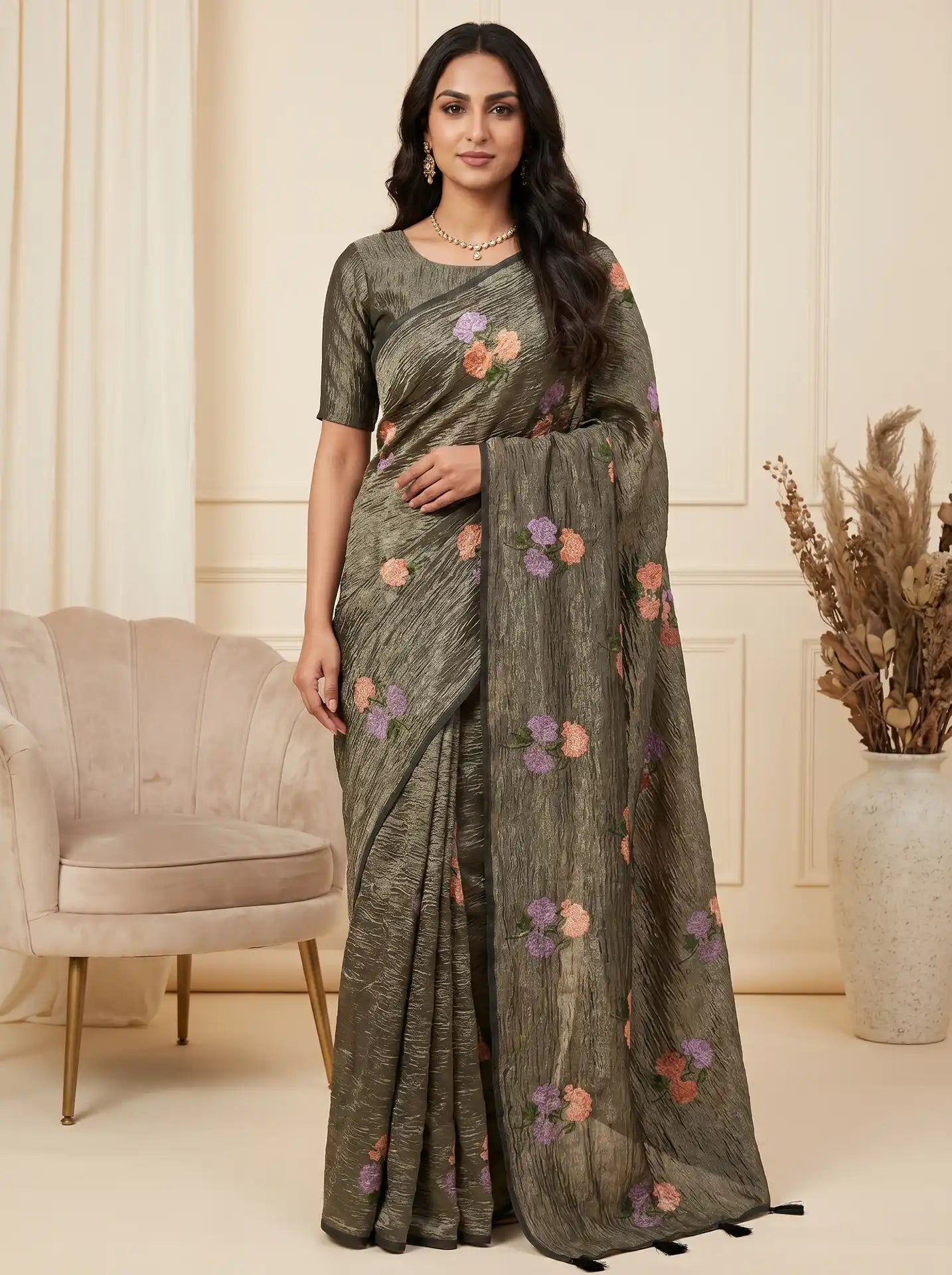 Taupe Grey Crushed Tissue Silk Floral Saree with Matching Taupe Grey Blouse