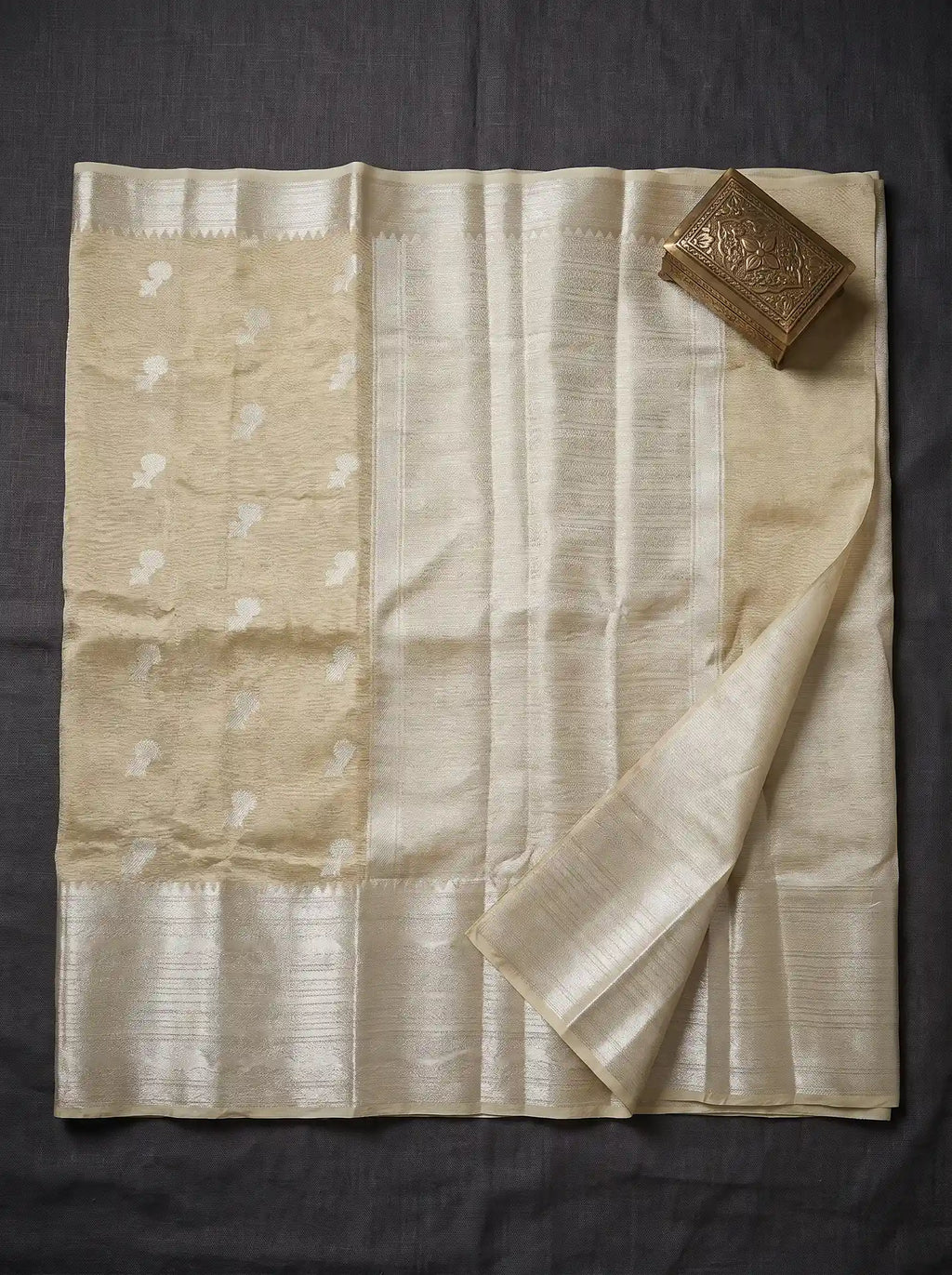 Ivory Gold Crushed Tissue Silk Saree with Matching Champagne Silver Blouse