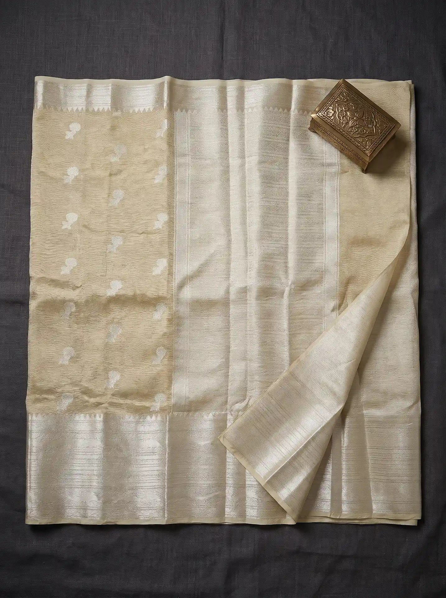 Ivory Gold Crushed Tissue Silk Saree with Matching Champagne Silver Blouse
