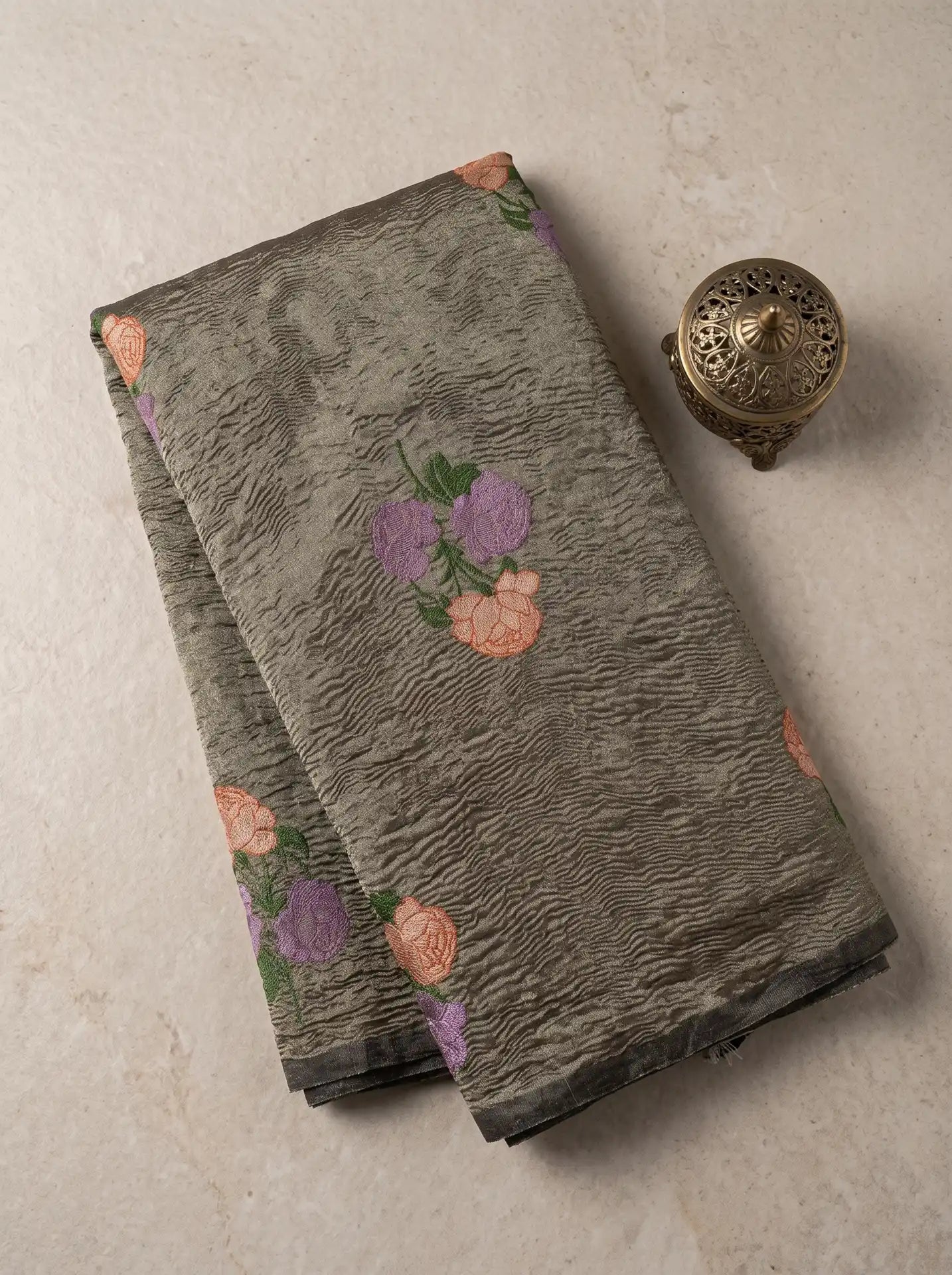 Taupe Grey Crushed Tissue Silk Floral Saree with Matching Taupe Grey Blouse