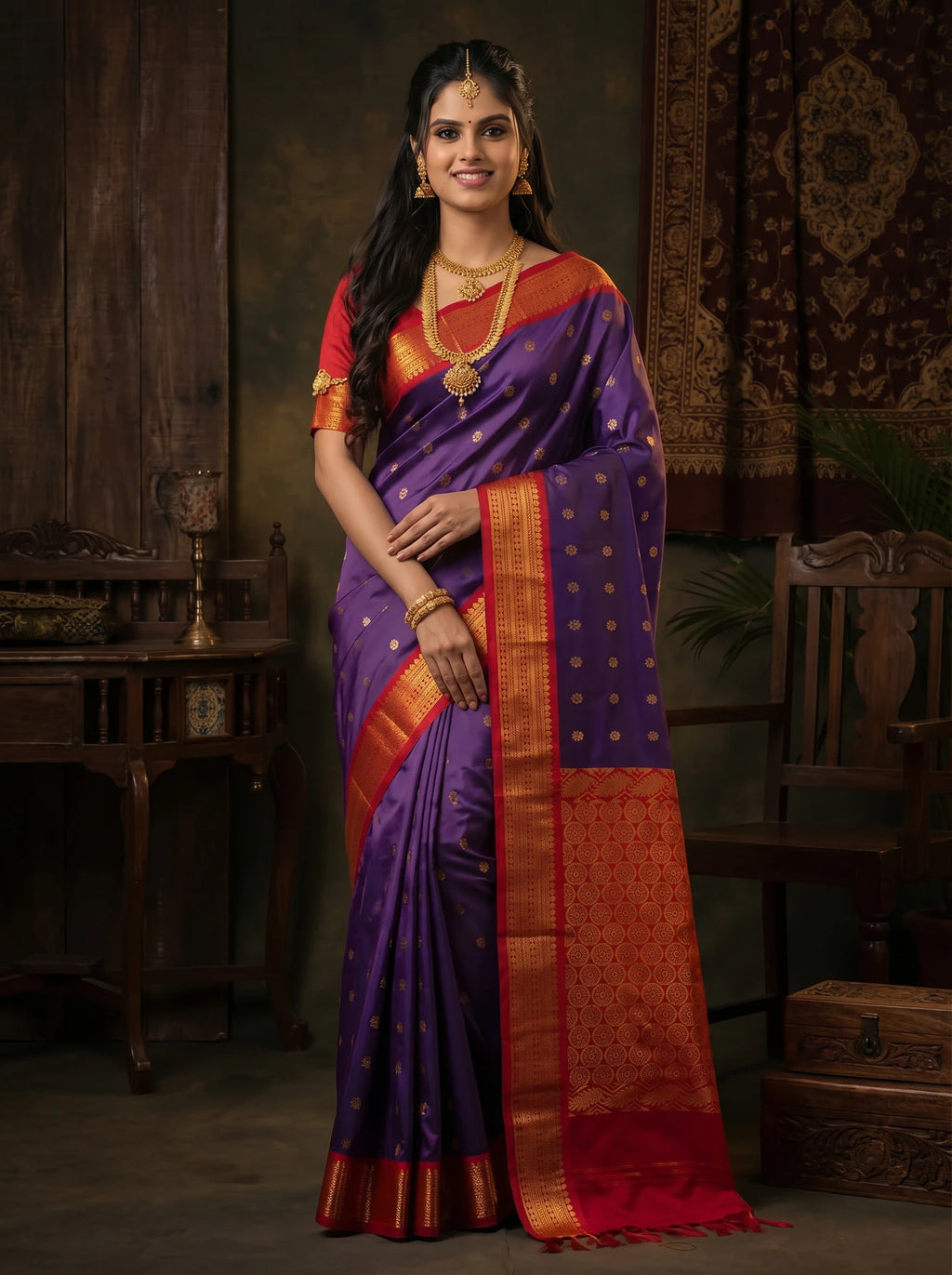 Violet & Red Floral Butta Kanchi Soft Silk Saree