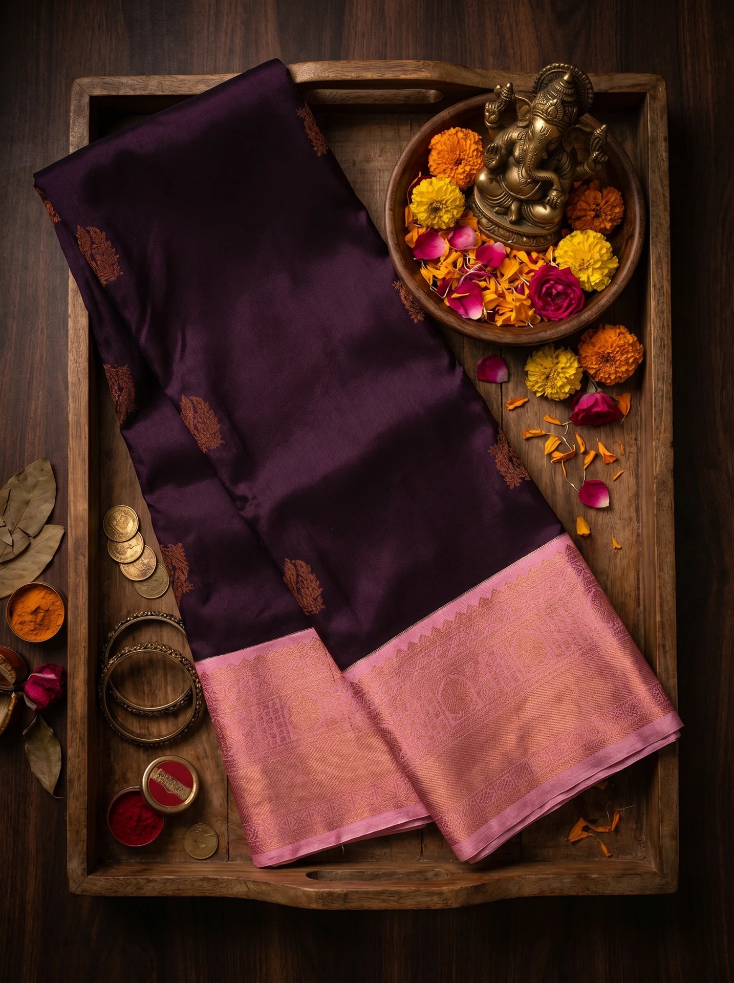 Plum Purple & Baby Pink Kanchi Soft Silk Saree