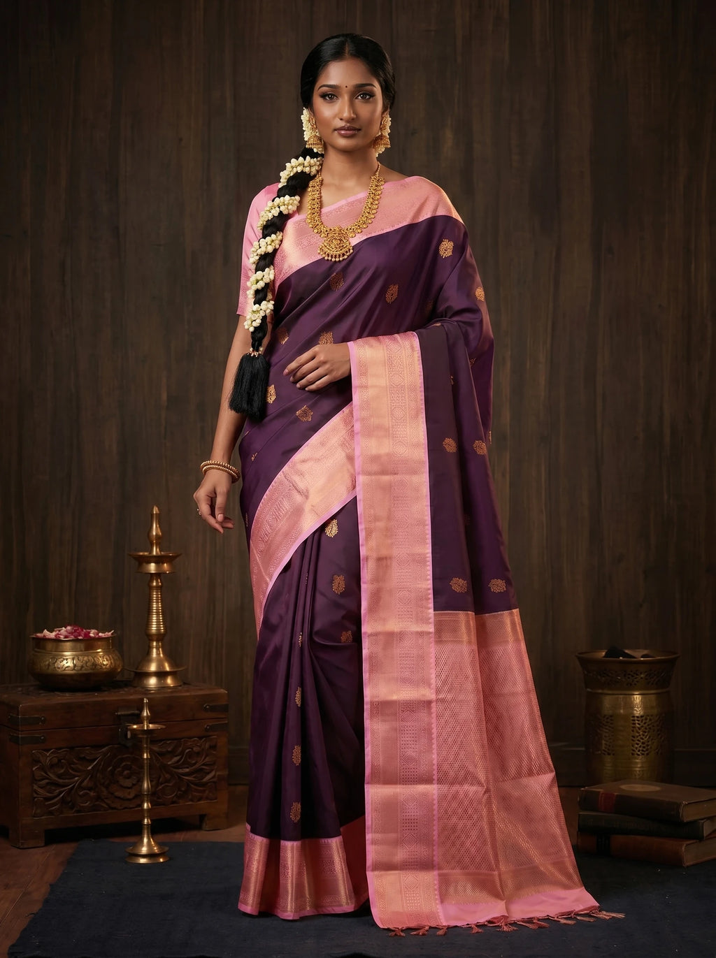 Plum Purple & Baby Pink Kanchi Soft Silk Saree