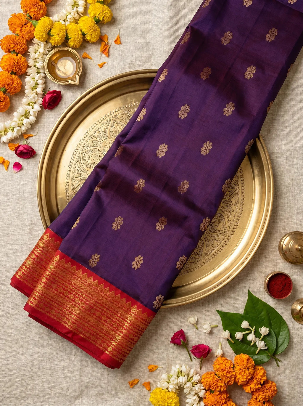 Violet & Red Floral Butta Kanchi Soft Silk Saree