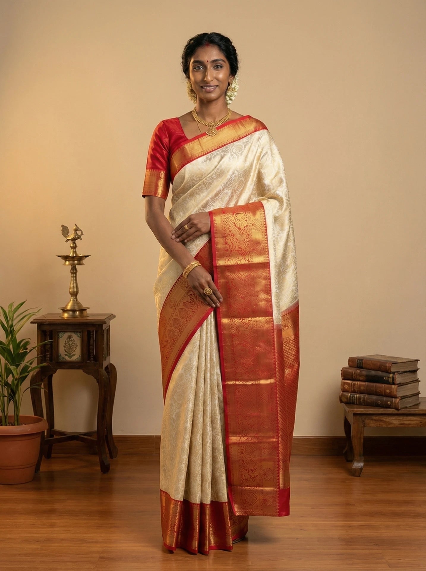 Cream & Red Floral Jaal Bridal Semi Silk Saree